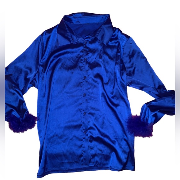 Royal Blue silk Blouse with Blue feather detail at cuff - Picture 9 of 11